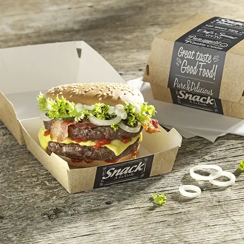 PAPSTAR 50 Burgerboxen, Pappe "pure" 7 cm x 9 cm x 9 cm "Good Food" klein