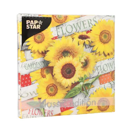 PAPSTAR Servietten, 3-lagig 1/4-Falz 33 x 33 cm Sunflower Field aus Tissue, gelbes Sonnenblumen-Dekor für Tischdekoration, FSC-zertifiziert