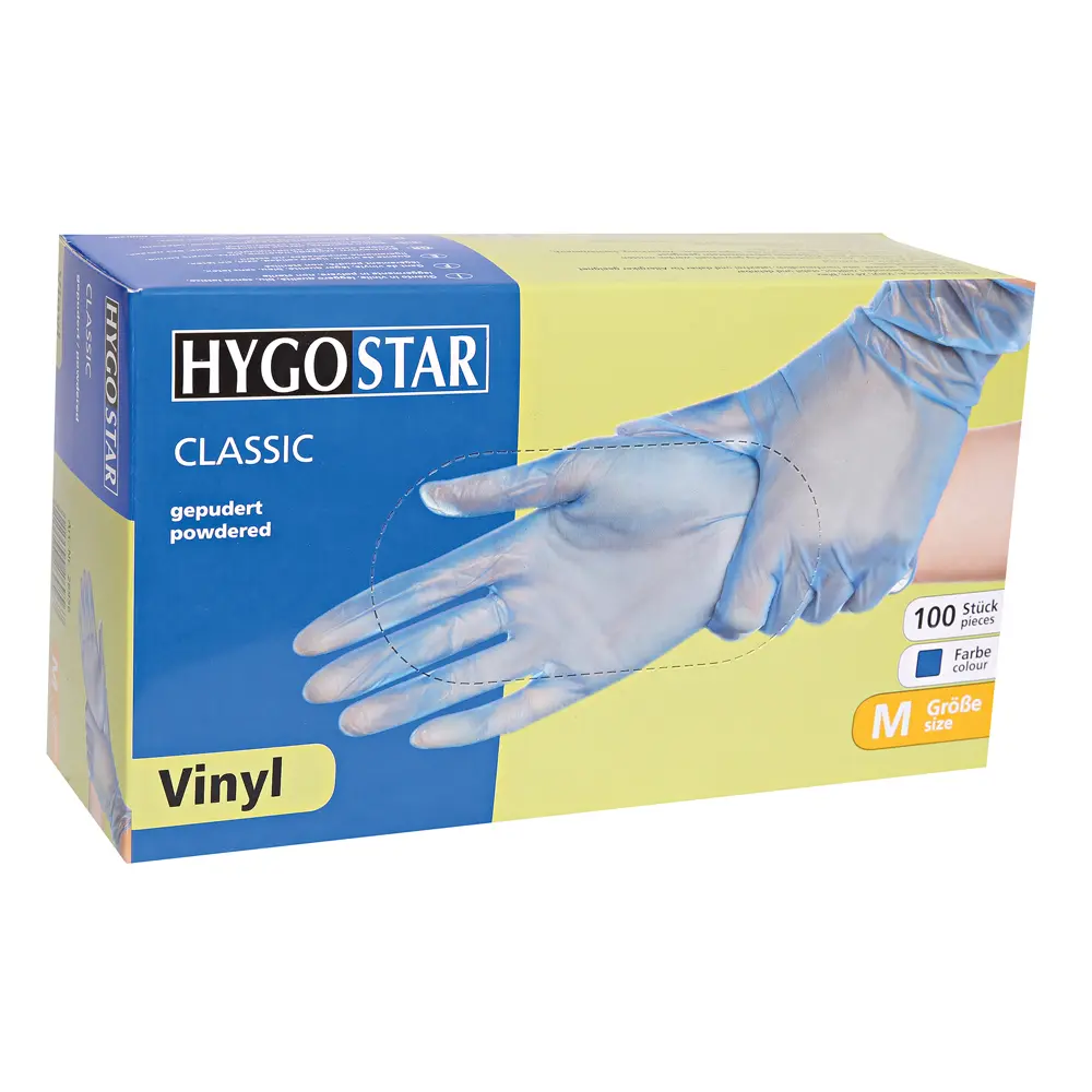 Hygostar Classic Vinylhandschuhe blau gepudert, latexfreie Einweghandschuhe aus Vinyl für Hygiene- und Schutzmaßnahmen in Gastronomie, Lebensmittelindustrie und leichten Montagearbeiten, VE 1000 Stück