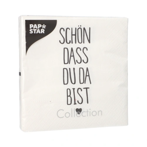 PAPSTAR Servietten, 3-lagig 1/4-Falz 33 cm x 33 cm "Schön, dass du da bist", 10 x 20 Stück