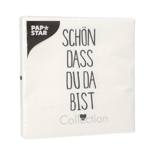 PAPSTAR Servietten, 3-lagig 1/4-Falz 33 cm x 33 cm "Schön, dass du da bist", 10 x 20 Stück