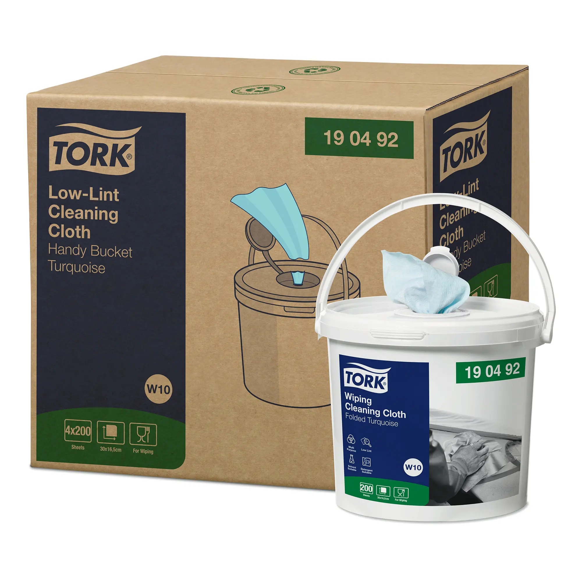Tork Premium fusselarme Reinigungstücher W10 im weißen Spendereimer mit türkisfarbenen, silikonfreien Mehrzwecktüchern zum Tränken mit Reinigungs- oder Desinfektionsmitteln, Art.-Nr. 190492