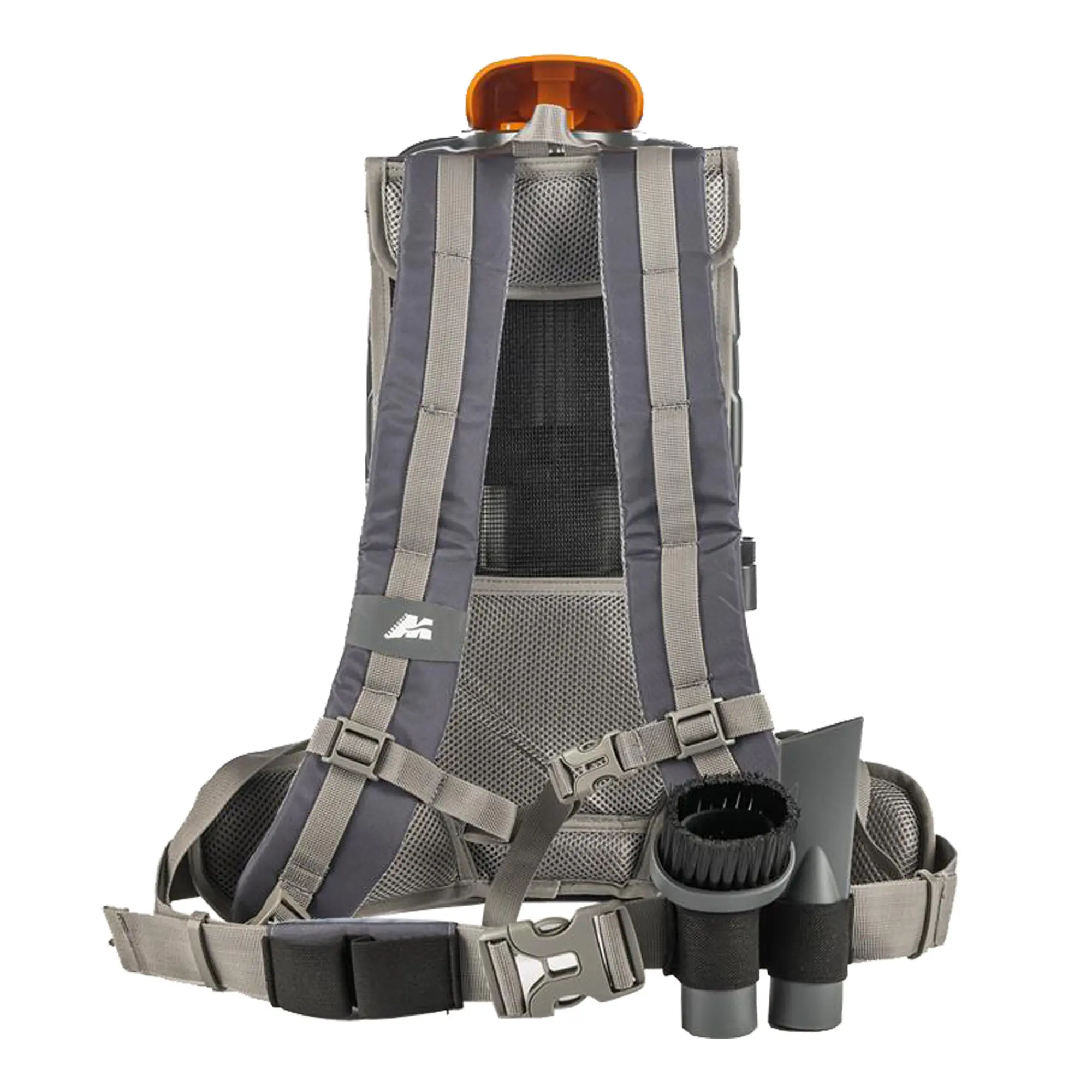 TASKI AERO BP Rückensauger mit Akku-Technologie, ergonomischer kabelloser Profi-Staubsauger für komfortables Tragen auf dem Rücken, seitliche Lüftungsschlitze, graues Gehäuse mit orangenen Bedienelementen, Artikelnummer 7519100