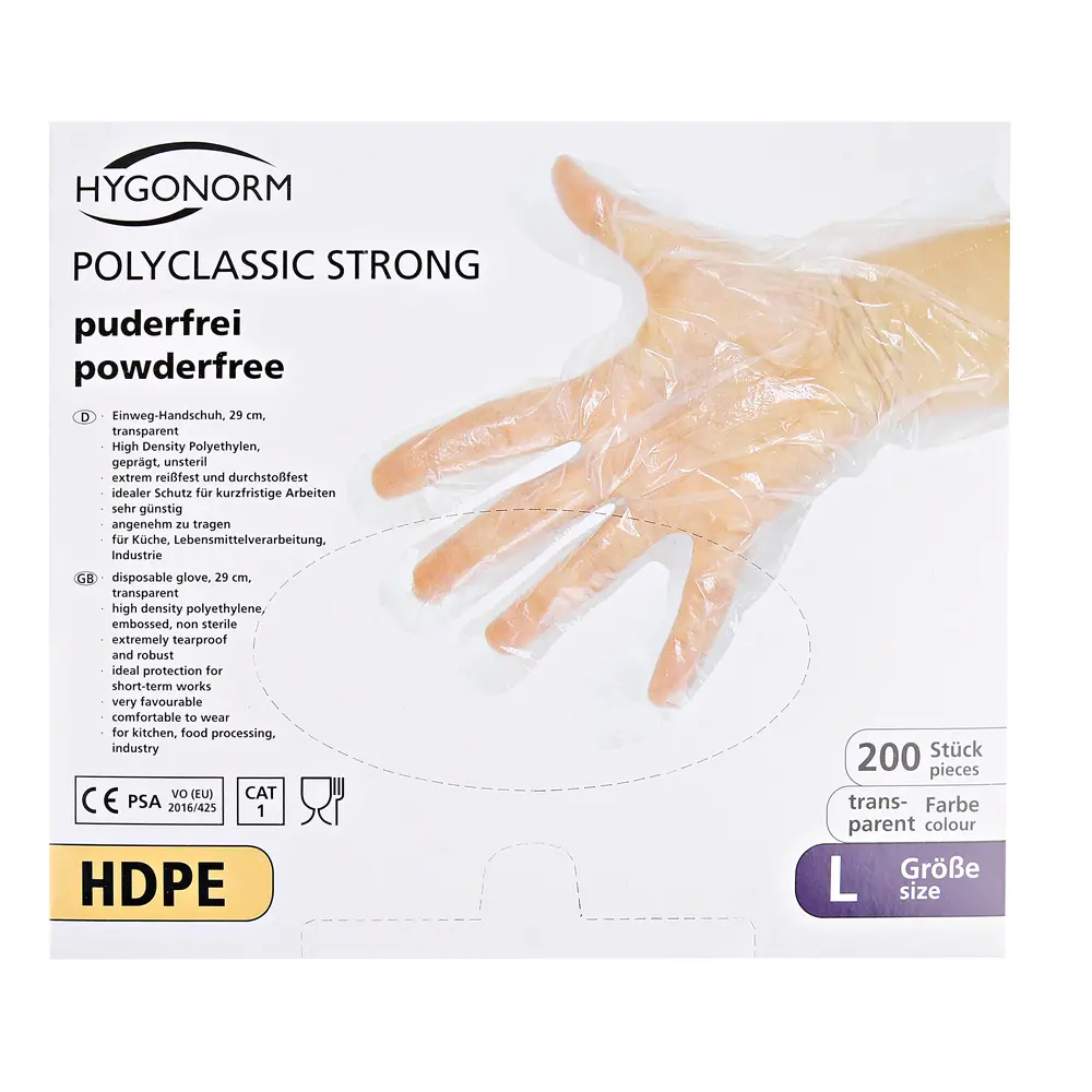 Hygonorm Polyclassic Strong Einmalhandschuhe aus HDPE transparent, puderfrei, robuste HDPE-Handschuhe für hygienische Kurzzeitarbeiten in Gastronomie, Lebensmittelindustrie, Medizin und Labor, VE 10000 Stück