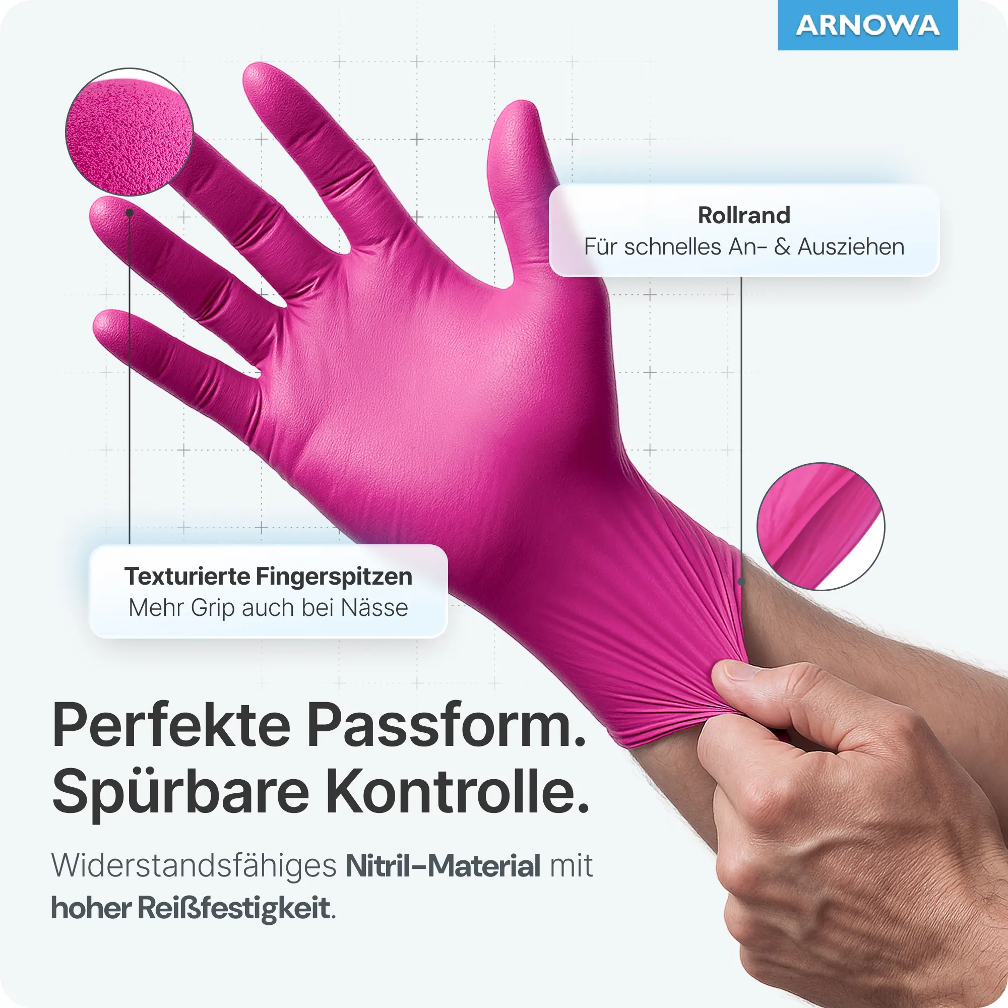 ARNOMED RAINBOW NITRIL MAGNOLIA PINK Nitrilhandschuhe pink puderfrei von ARNOMED, elastisch, reißfest, mit texturierten Fingerspitzen und Rollrand für Medizin, Pflege, Kosmetik und Lebensmittelbereiche, VE 100 Stück