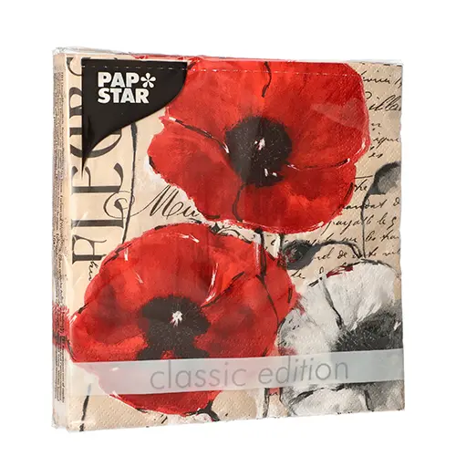 PAPSTAR Servietten, 3-lagig 1/4-Falz 33 cm x 33 cm Colette mit roten und weißen Mohnblumen, FSC-zertifizierte Tissue-Servietten für Feierlichkeiten