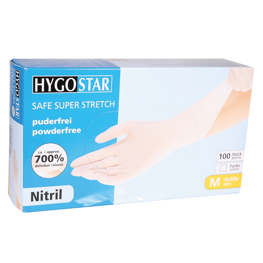 Hygostar Safe Super Stretch Nitrilhandschuhe weiß puderfrei, VE 1000 Stück, extrem dehnbar für Medizin, Labor, Gastronomie und Lebensmittelindustrie, Größe M