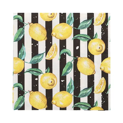 PAPSTAR Servietten, 3-lagig 1/4-Falz 33 cm x 33 cm Citrus Lines mit gelben Zitronen und Blättern auf schwarz-weiß gestreiftem Hintergrund, umweltfreundliche Tissue-Servietten für Party und Gastronomie