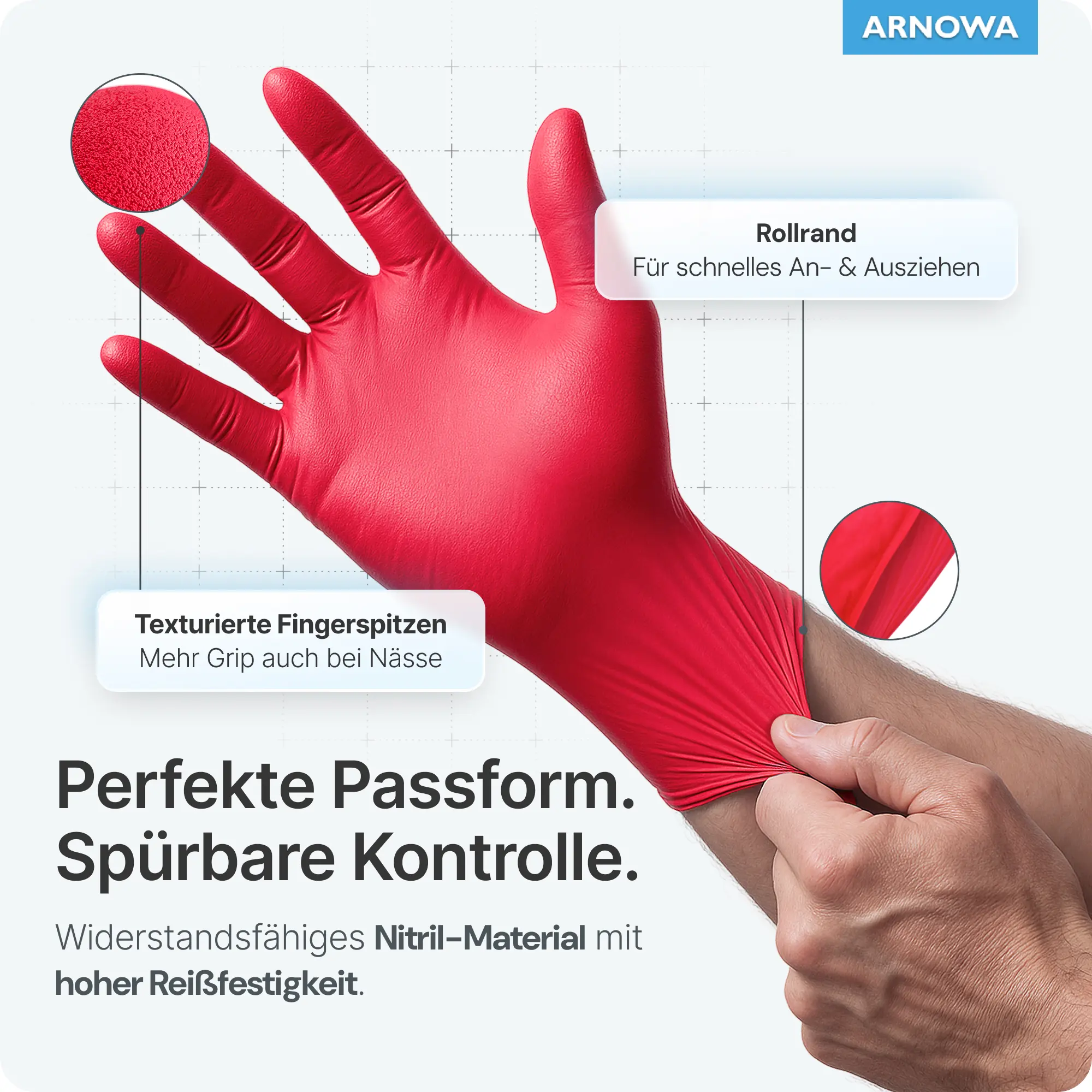ARNOMED RAINBOW NITRIL LAVA RED Nitrilhandschuhe rot puderfrei, elastische und reißfeste Nitril-Einmalhandschuhe mit Rollrand und texturierten Fingerspitzen für besseren Grip in Medizin, Pflege und Labor, VE 100 Stück