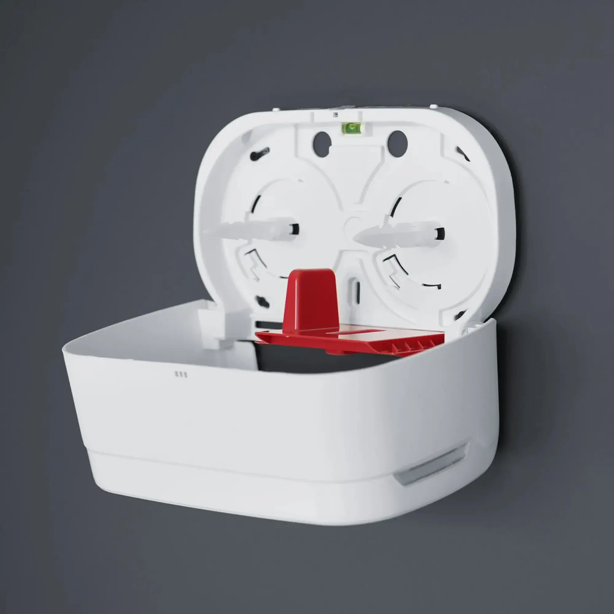 SEMYtop Toilettenpapierspender für 2 Rollen kernlos, robuster weißer Kunststoffspender mit geöffnetem Deckel und roter Halterung für stark genutzte WCs, Art.-Nr. 41321