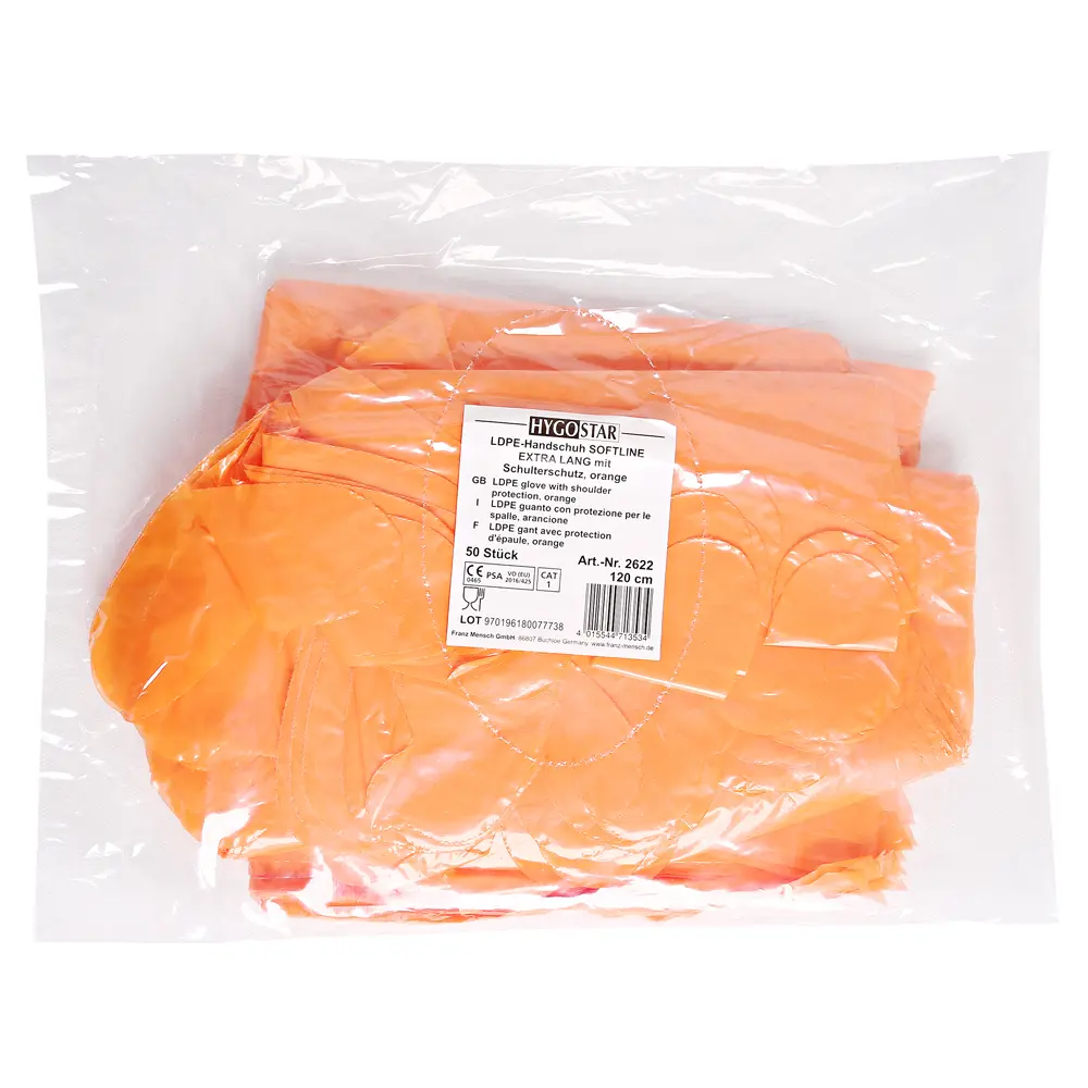 Hygostar Softline Extra Long LDPE-Handschuhe orange aus LDPE, puderfrei, lebensmittelecht, 120 cm Schulterhandschuhe im Beutel, Art.-Nr. 2622