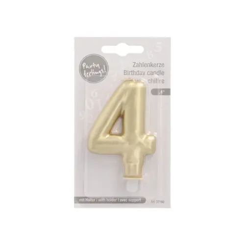 PAPSTAR Zahlenkerze mit Halter 7 cm gold "4" aus Paraffin für Torten, Kuchen, Geburtstage und Jubiläen, raucharmer Abbrand, Art.-Nr. 37160