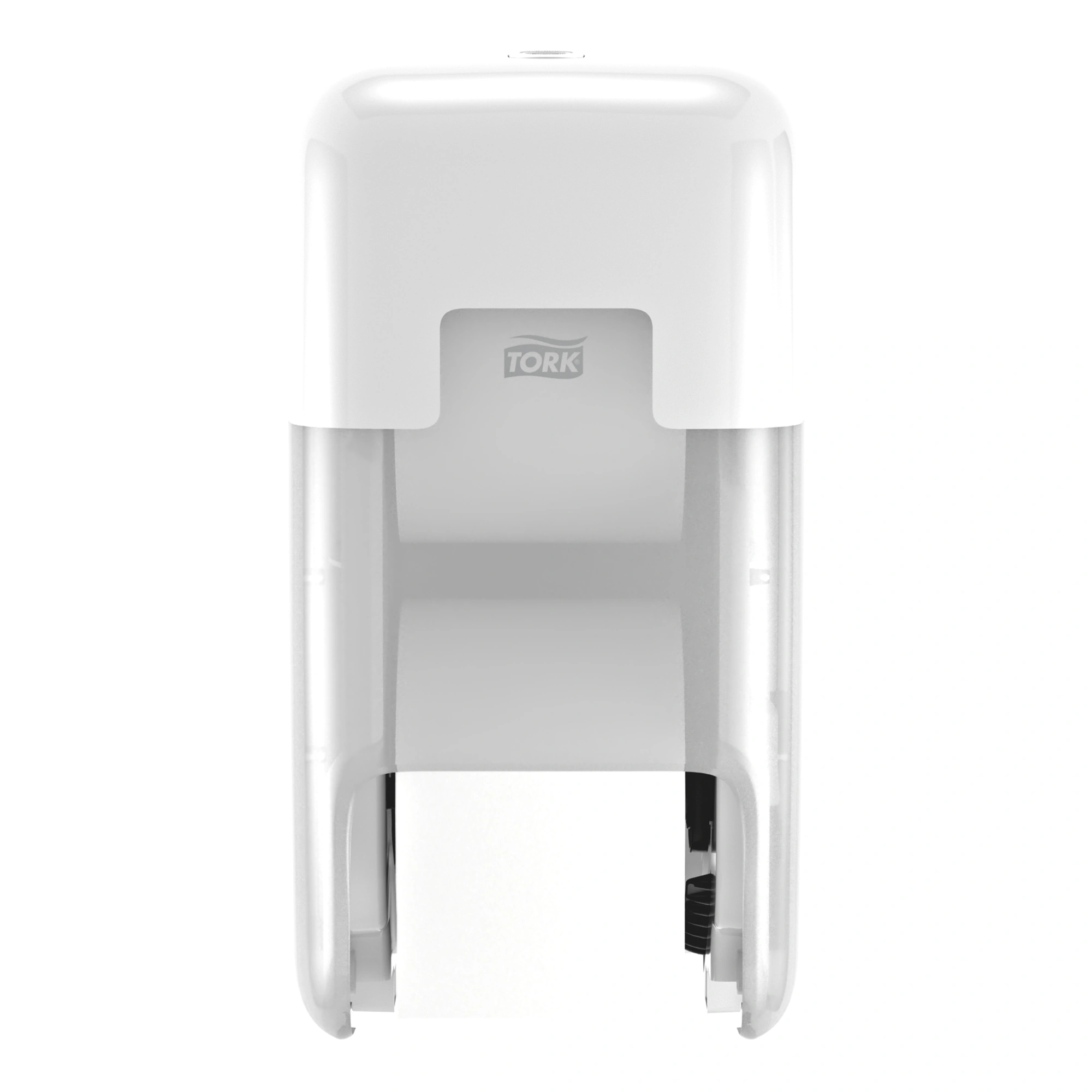 Tork OptiServe Doppelrollenspender für hülsenloses Midi-Toilettenpapier T7 vertikal in Weiß, vorne mit zwei Rollen sichtbar, spart Wartungszeit in stark frequentierten Waschräumen, passende Artikelnummer 558042