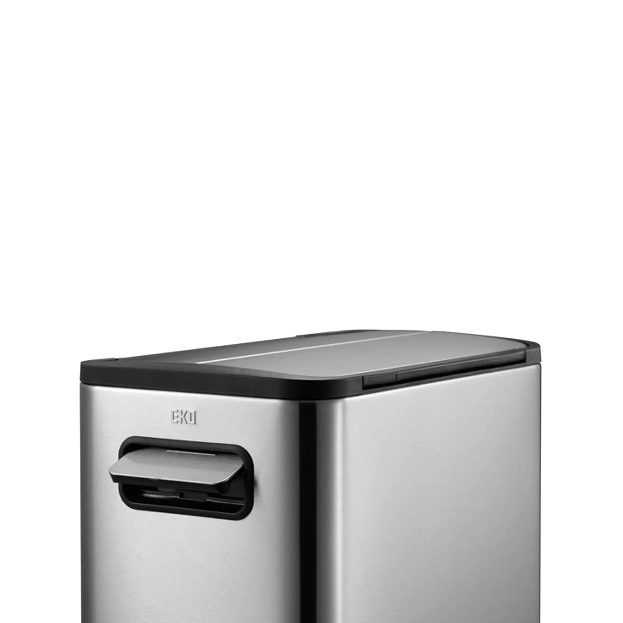 EKO Ecofly Tretmülleimer Edelstahl 30 Liter mit zweigeteiltem Deckel, Griff und Rollen, platzsparender Pedalmülleimer von EKO