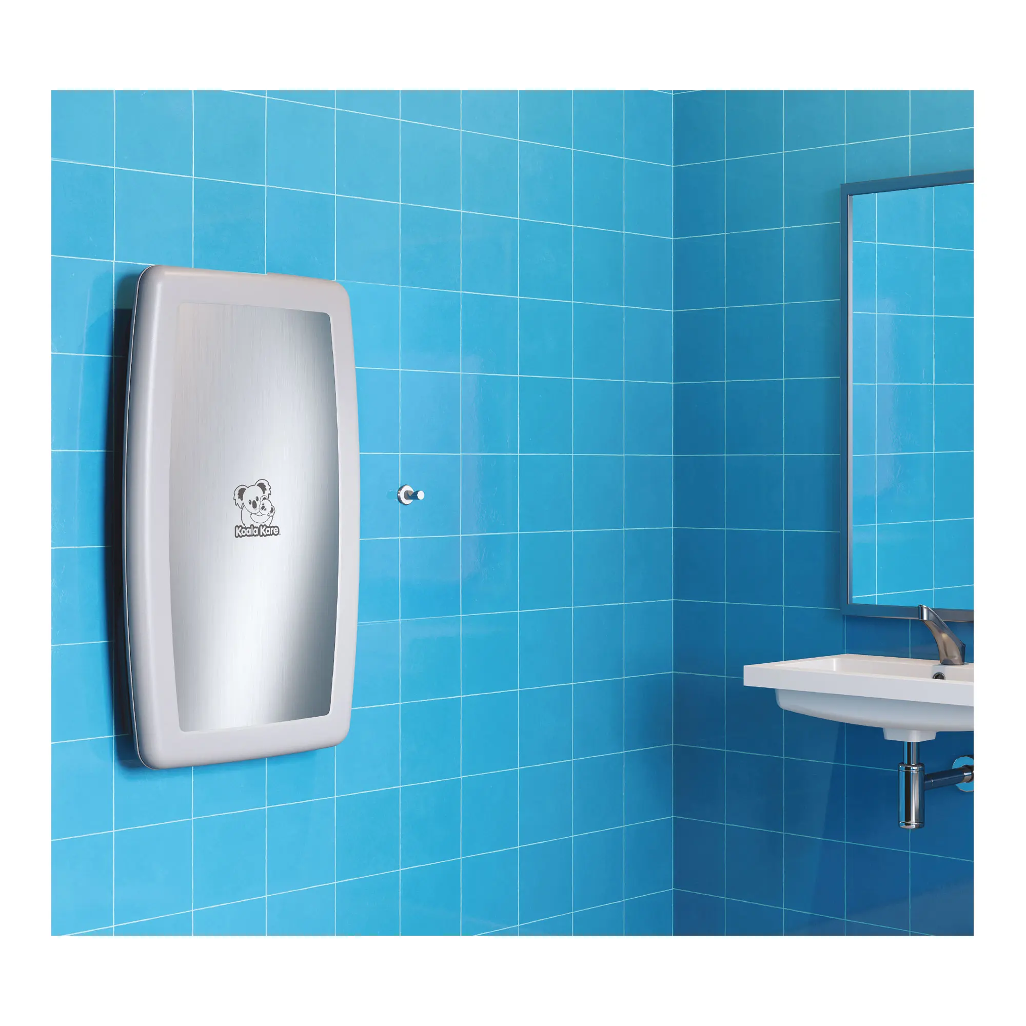 Koala Kare KB301-SS vertikaler Babywickeltisch mit Edelstahlfront, platzsparende Wickelstation an blauer Fliesenwand im öffentlichen Waschraum, Artikelnummer KB301-SS