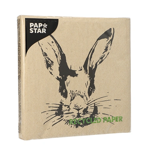 PAPSTAR Servietten, 3-lagig 1/4-Falz 33 cm x 33 cm natur "My Name is Rabbit" aus recyceltem Papier, 15 x 20 Stück