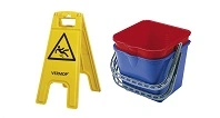 Vermop Reinigungsset mit gelbem Warnschild Vorsicht Rutschgefahr und blau-rotem Doppel-Fahreimer, Artikelnummer 1237325