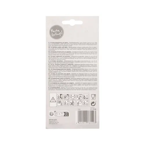 PAPSTAR Geburtstagskerzen mit Halter 6 cm farbig sortiert pastell, Rückseite der Verpackung mit mehrsprachigen Sicherheitshinweisen, Piktogrammen und EAN-Code, Art.-Nr. 81376