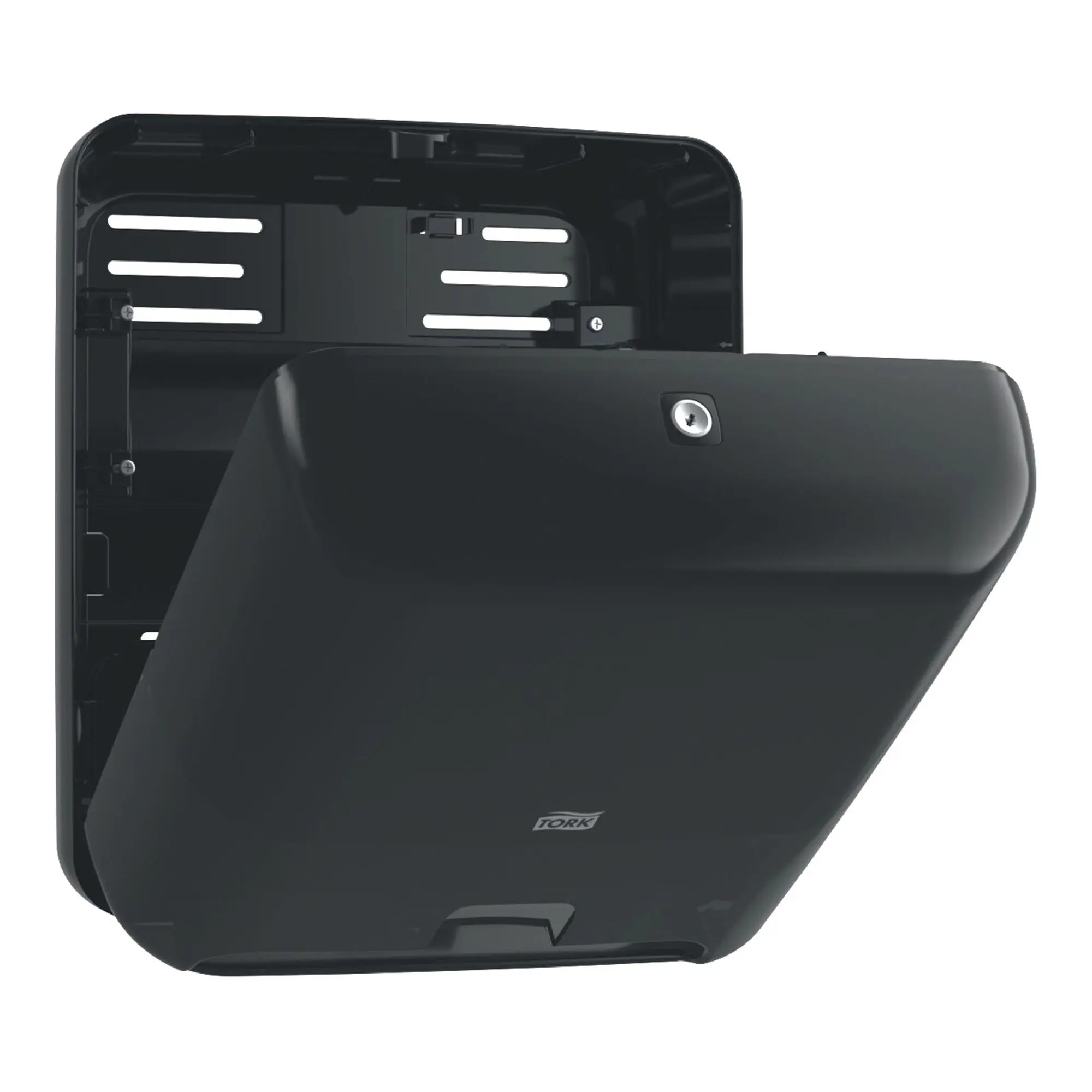 Tork Matic Elevation Sensorspender für Rollenhandtücher H1 in schwarz, geöffnete Frontklappe mit Schloss für hygienische, berührungslose Handtuchausgabe, Artikel 551100/551108
