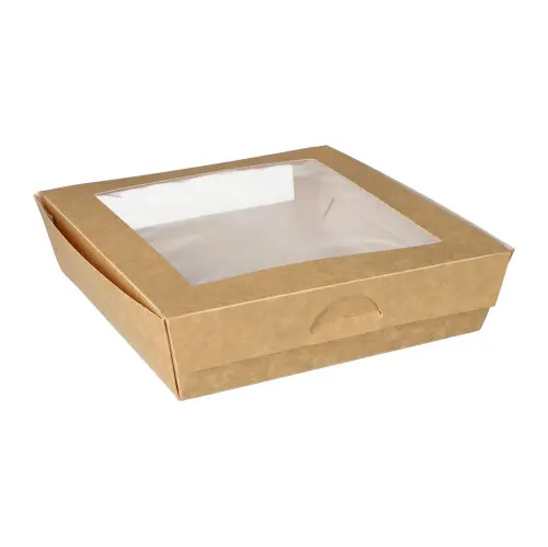 PAPSTAR Feinkostboxen, Pappe mit Sichtfenster aus PLA, eckig 1500 ml, braun 19 x 19 x 5 cm, umweltfreundliche Lebensmittelbox für Salate und Snacks, Artikel 86575