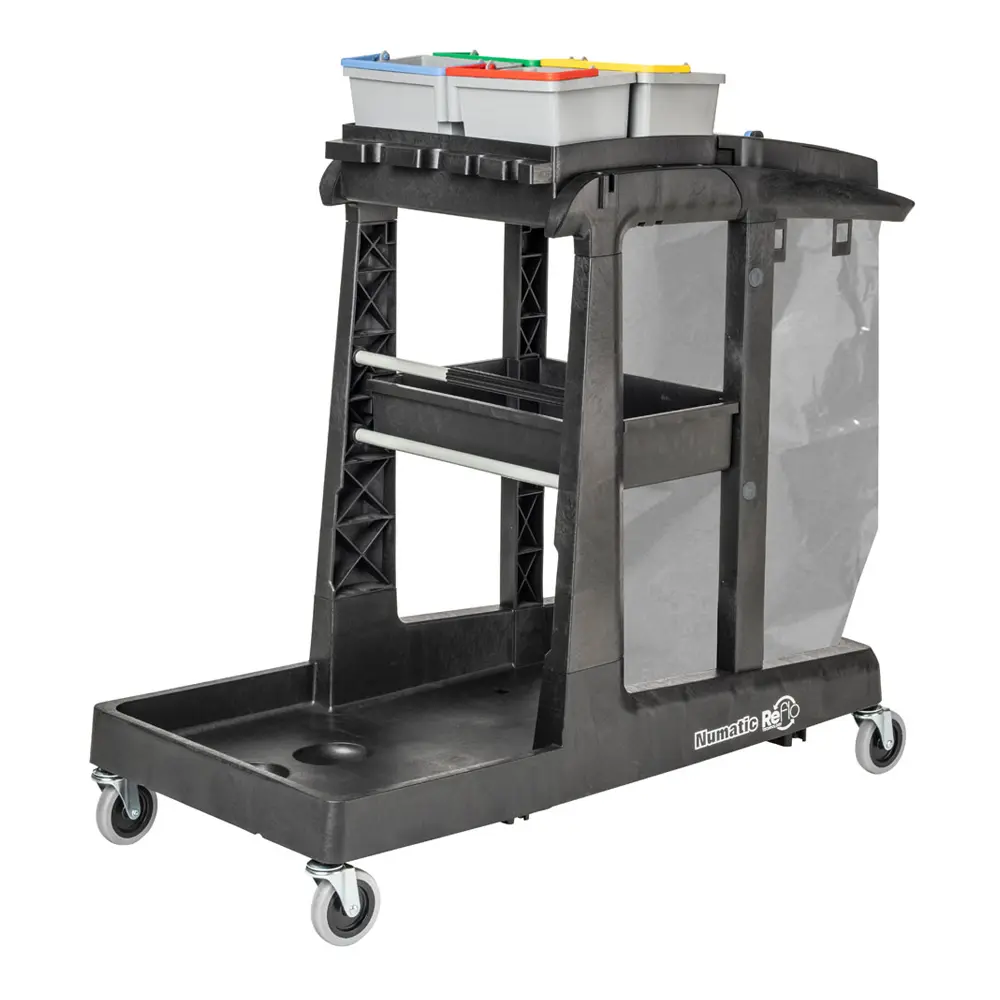 Numatic Reinigungswagen EcoMatic EM3 mit großer Abfalleinheit, Ablageschalen und Halterungen für Reinigungsutensilien auf robustem Fahrgestell, Artikelnummer EM3