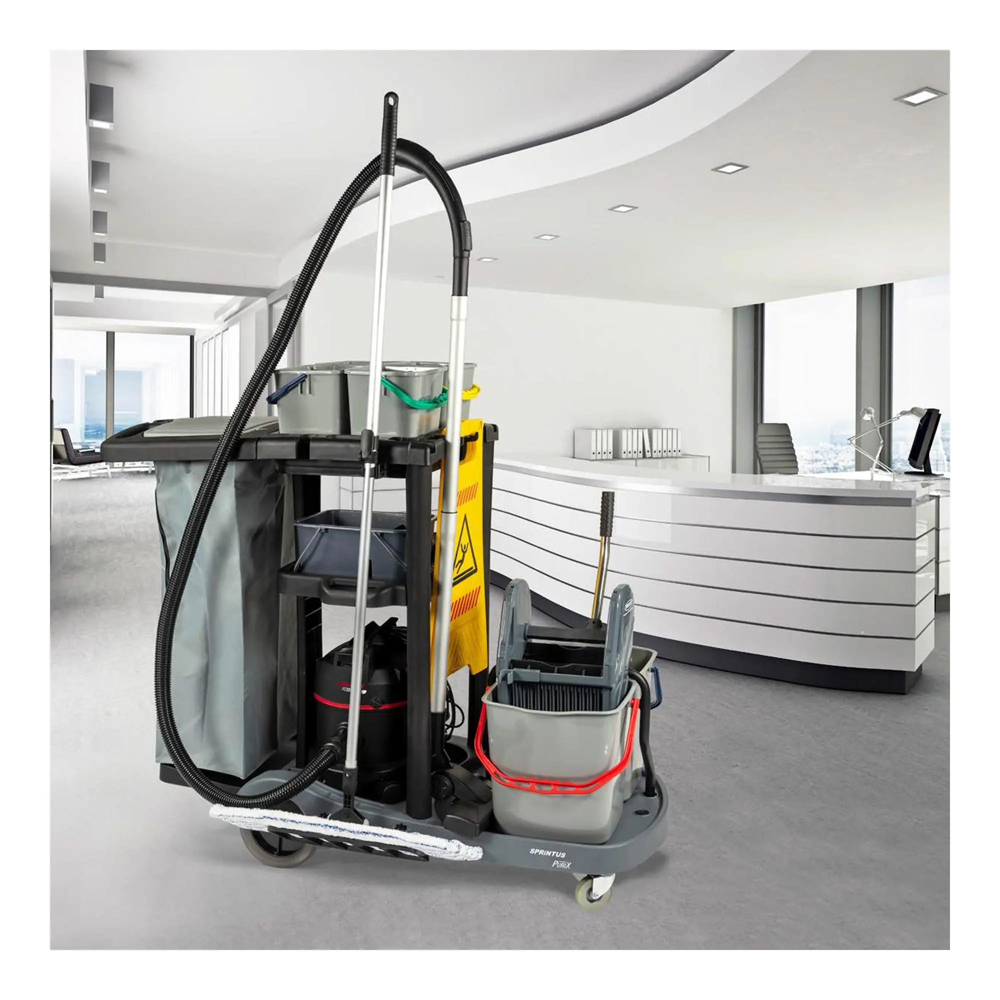 Sprintus PuriX Starter Set 40 u. 50 cm mit Reinigungswagen, Floory ZERO Trockensauger, Doppelfahrwagen und Reinigungszubehör für Hotels, Büros und öffentliche Einrichtungen