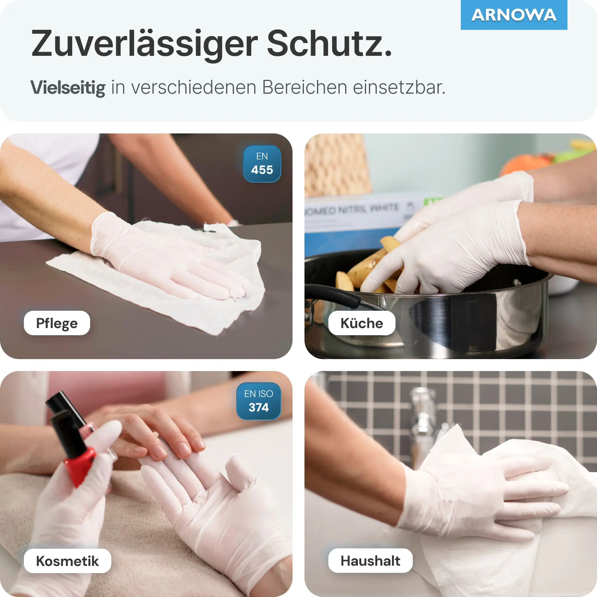 ARNOMED CLASSIC NITRIL WHITE Nitrilhandschuhe weiß puderfrei, vielseitig einsetzbare Nitril-Einweghandschuhe von ARNOMED für Pflege, Küche, Kosmetik und Haushalt, latexfrei und für Allergiker geeignet