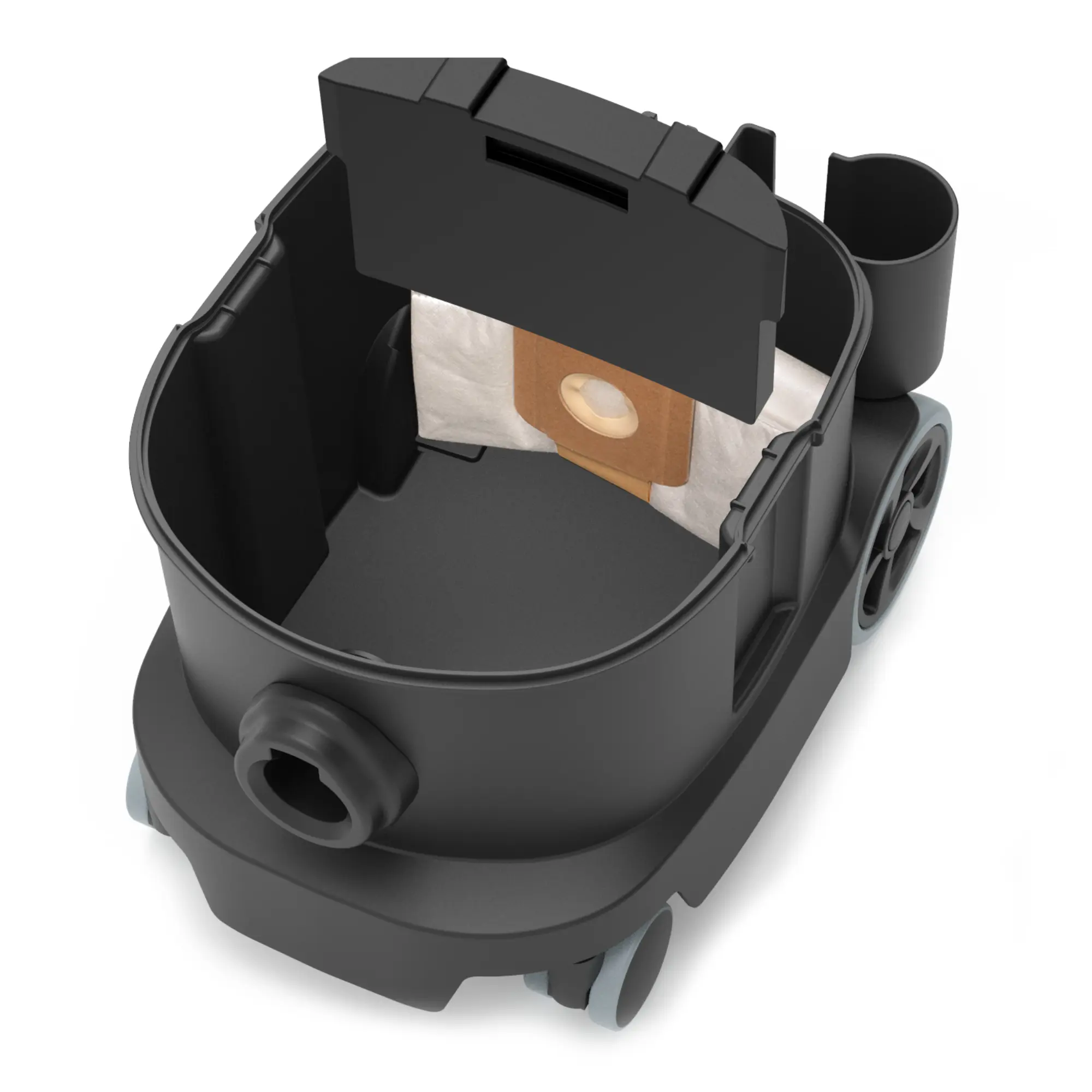 Sprintus Staubsauger ERA TEC ZERO mit geöffnetem Gehäuse, sichtbar eingesetzter Staubbeutel und Staubbehälter für hygienische, allergikerfreundliche Trockensaugung