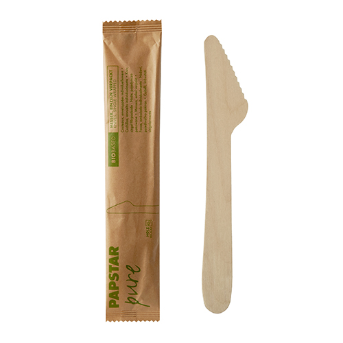 PAPSTAR 50 Messer, Holz "pure" 16,5 cm einzeln verpackt in Papierbeutel