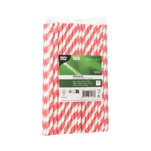 PAPSTAR Trinkhalme Papier Ø 6 mm, 20 cm rot/weiß "Stripes" aus umweltfreundlichem Papier, 100 Stück im Pack, ideal für kalte Getränke, Artikel 37176