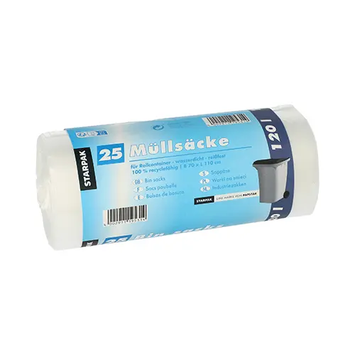 Starpak Müllsäcke, HDPE 120 l 110 x 70 cm transparent von PAPSTAR auf Rolle, 20 my starke, reißfeste Müllbeutel für 120 Liter Abfall