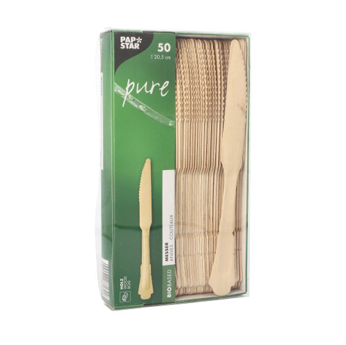 PAPSTAR Messer, Holz pure 20,5 cm Vintage, stabiles geschmacksneutrales Holzmesser im Retro-Design für Einweg-Bewirtung, 10 x 50 Stück, Art.-Nr. 88139