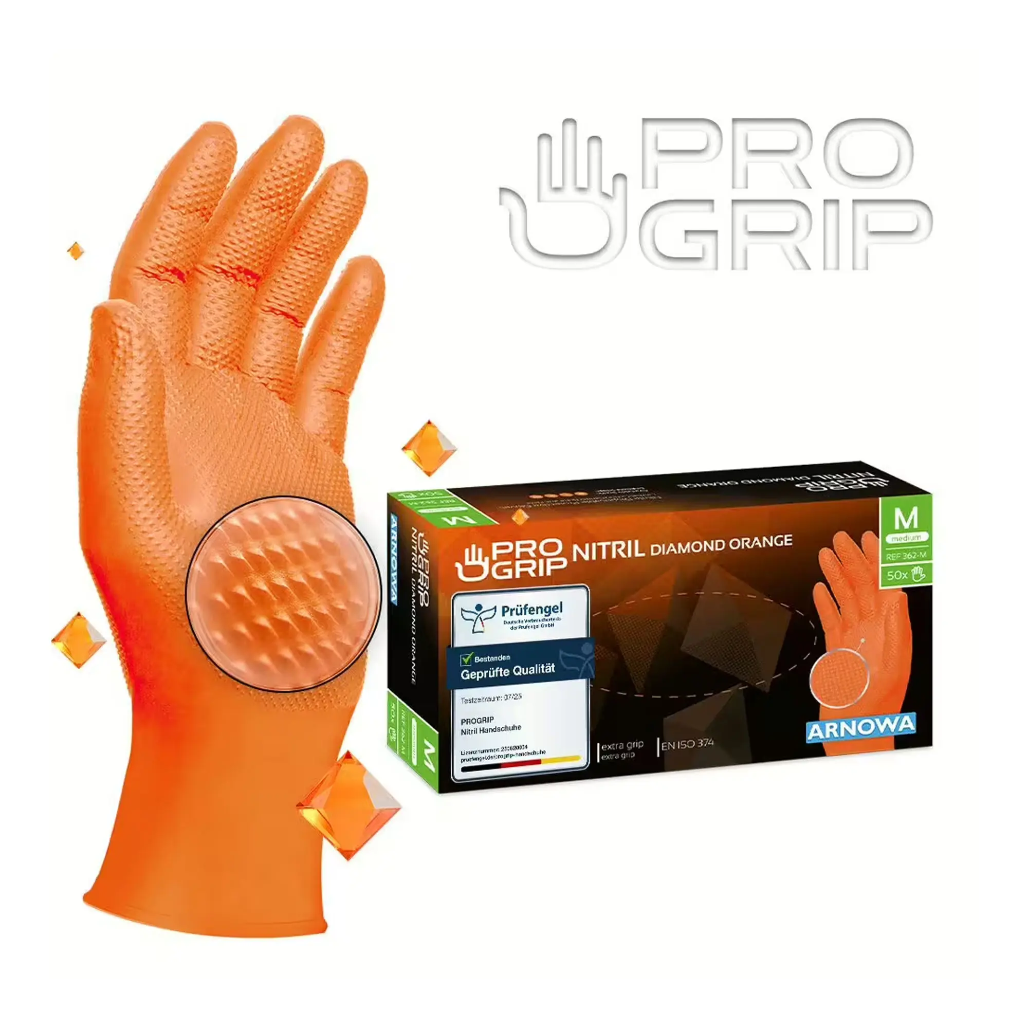 PRO GRIP Nitril Diamond Orange Einweghandschuh orange, texturierter Diamant-Grip für sicheren Halt, puderfrei, Größe M, Einweg-Nitrilhandschuhe, REF 360-M