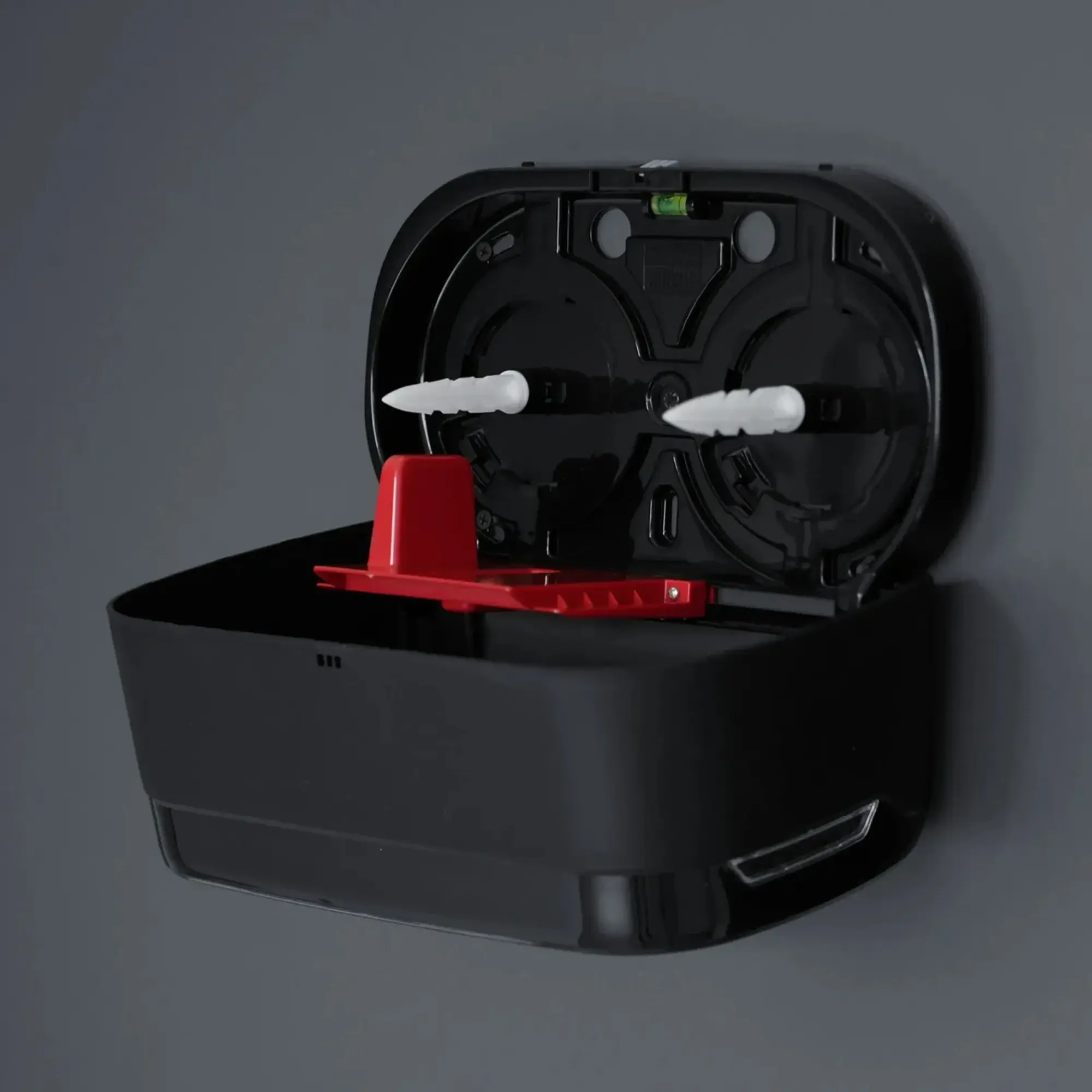 SEMYtop Toilettenpapierspender für 2 Rollen kernlos aus robustem Kunststoff, geöffnet zur Bestückung mit zwei kernlosen Jumbo-Toilettenpapierrollen, ideal für Gewerbe, Gastronomie und öffentliche WCs