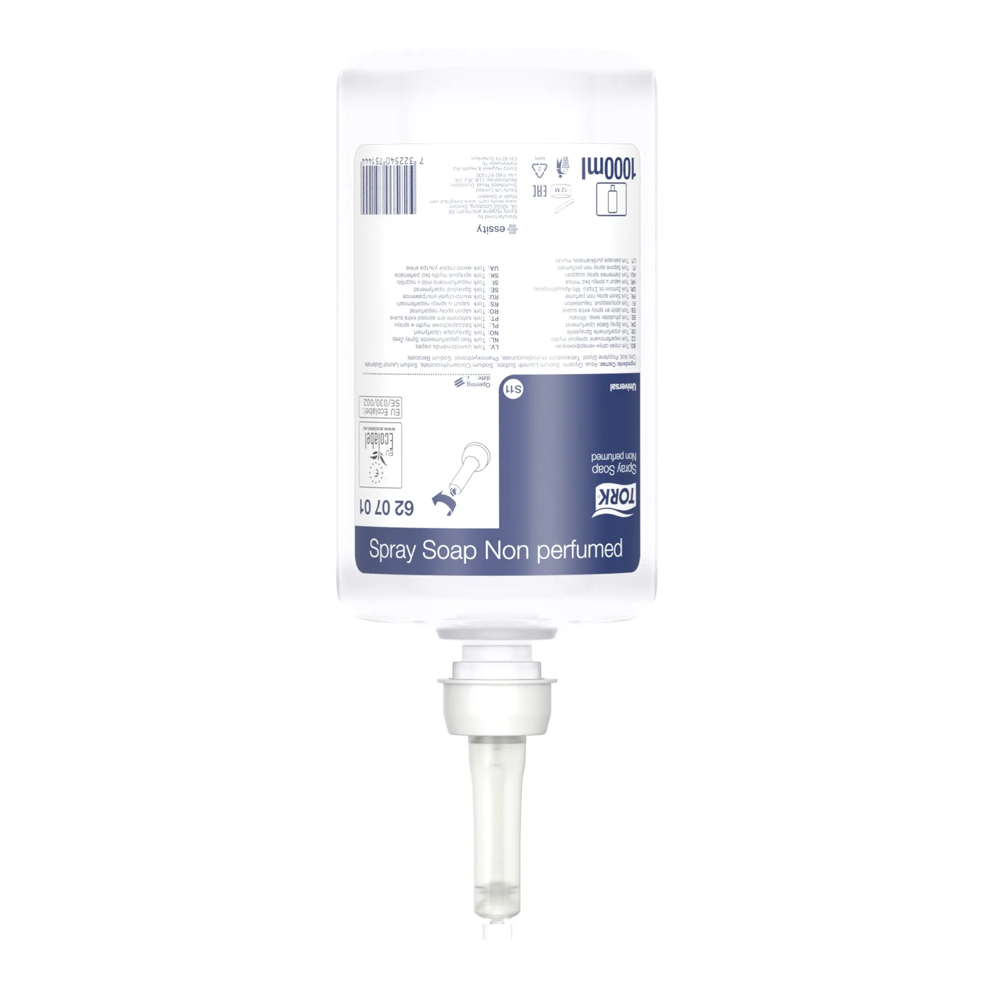 Tork 620701 Sprayseife unparfümiert S11 6 x 1000 ml, milde parfümfreie Spray-Handseife für Tork S11-Spender, dermatologisch getestet, Artikelnummer 620701
