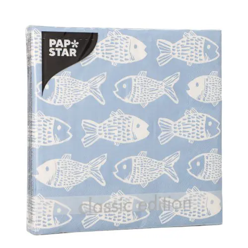 PAPSTAR Servietten, 3-lagig 1/4-Falz 33 x 33 cm Fish in Blau mit weißen Fischmotiven, umweltfreundliche FSC-zertifizierte Tissue-Servietten für maritime Tischdekoration