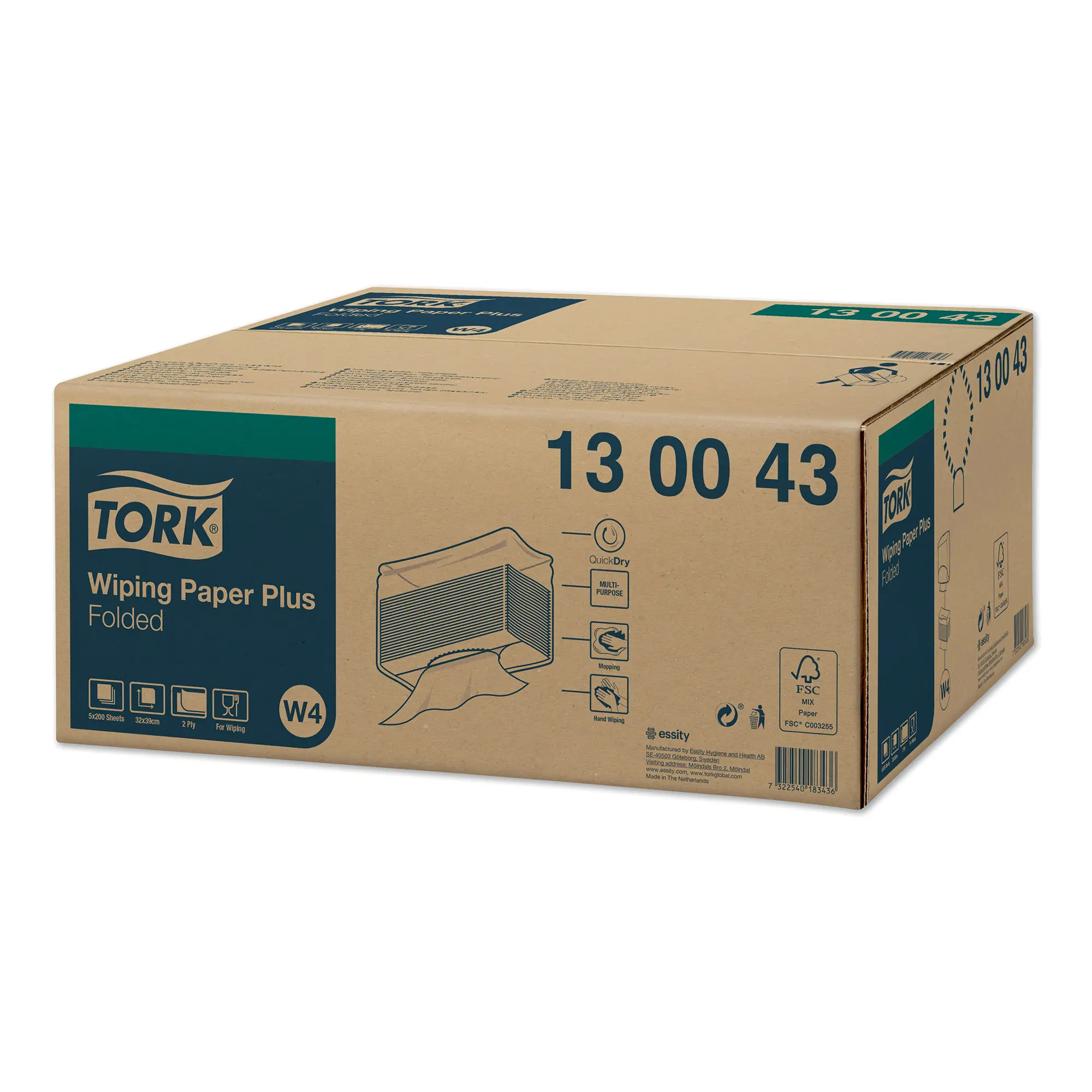 Tork 130043 Premium starke Mehrzweck-Papierwischtücher W4, weiß, 2-lagig, 38,5 x 32,4 cm, 1000 Tücher im Karton für W4 Einzeltuch-Spender, Artikelnummer 130043