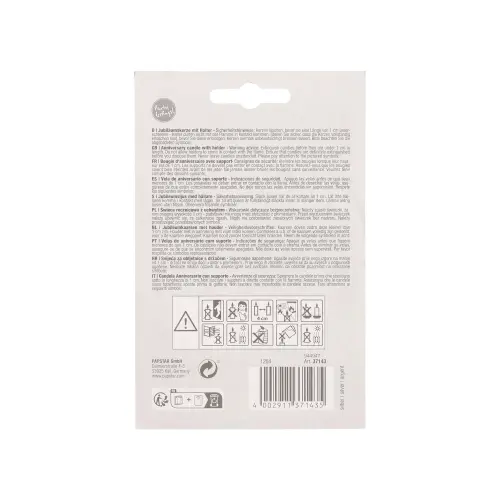 PAPSTAR Jubiläumskerzen mit Halter 7 cm silber "30", Rückseite der Verpackung mit Sicherheitshinweisen und Herstellerangaben, Art.-Nr. 37143