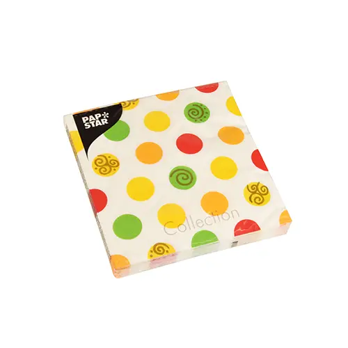 PAPSTAR Servietten, 3-lagig 1/4-Falz 33 x 33 cm "Balls" aus Tissue, FSC-zertifiziert, bunt bedruckt mit Punkten und Spiralen für Partys und Feiern