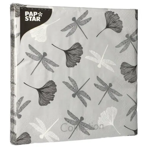 PAPSTAR Servietten, 3-lagig 1/4-Falz 40 x 40 cm grau Ginko mit Libellen- und Ginkoblatt-Dekor für festlich gedeckte Tische, Artikel 88601