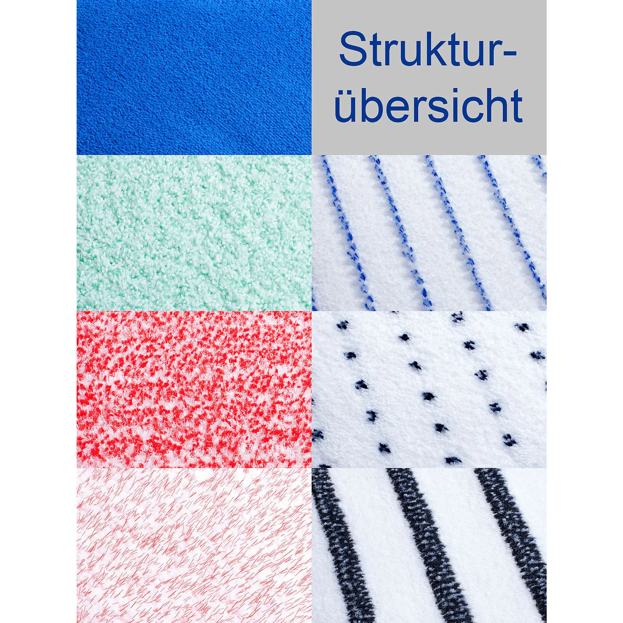 Floorstar Microfaser-Handpads Thenufil 13 x 28 cm, Strukturübersicht der Microfaser-Handpads Thenufil Top, Multi, Jet, Pins, Forte und San für manuelle Reinigung mit Handpadhaltern
