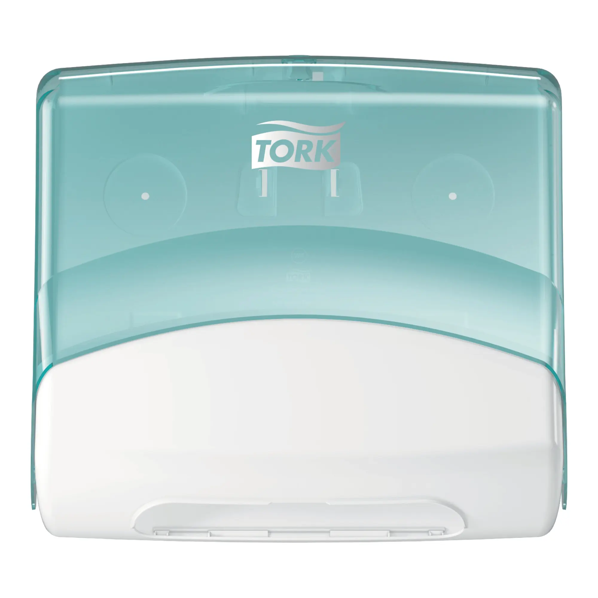Tork Performance Einzeltuchspender W4 in Weiß-Türkis für gefaltete Wischtücher, hygienische Einzelblattentnahme, Artikelnummer 654000