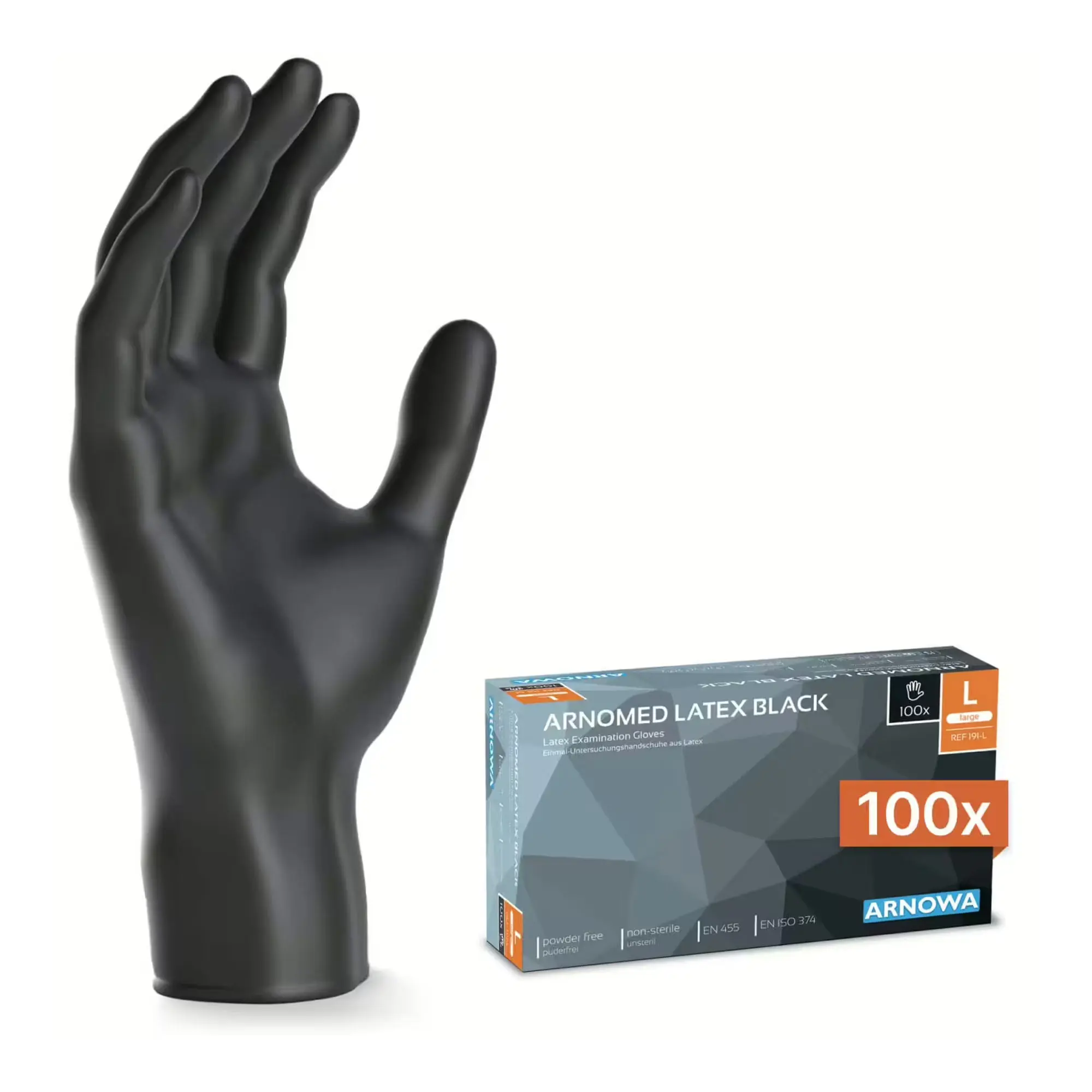 ARNOMED CLASSIC LATEX BLACK Latexhandschuhe schwarz puderfrei von ARNOMED, 100 Einmalhandschuhe in Box, fingertexturiert für Medizin, Labor, Pflege, Gastronomie, Industrie