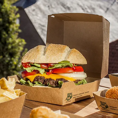 PAPSTAR 80 Burgerboxen, Pappe 7 cm x 12,5 cm x 12,5 cm braun "100% Fair" groß