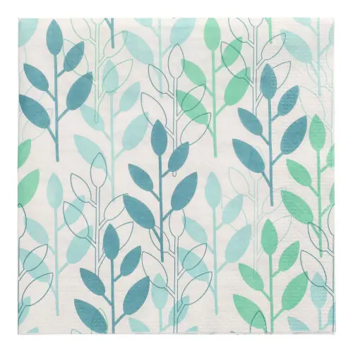 PAPSTAR Servietten, 3-lagig 1/4-Falz 33 x 33 cm blau "Branches" mit blau-grünem Blätter-Muster, umweltfreundliche FSC-Tissue-Servietten für Tischdekoration