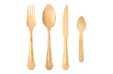 Goldenes Besteckset 4-teilig mit Gabel, Esslöffel, Messer und Teelöffel im klassischen Design, Artikelnummer 106162512
