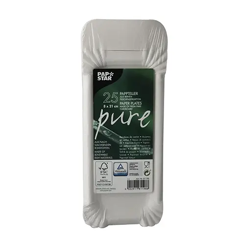 PAPSTAR Teller Pappe "pure" eckig 8 x 21 cm weiß mit Anfasser, nachhaltige Wurstpappen aus 100 % Frischfaserkarton, FSC-zertifiziert, Artikel 81198