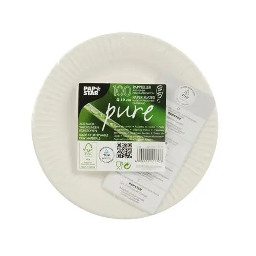PAPSTAR Teller, Pappe "pure" rund Ø 19 cm weiß extra stark, runde weiße Pappteller Ø 19 cm aus Frischfaserkarton, FSC-zertifiziert und klimaneutral