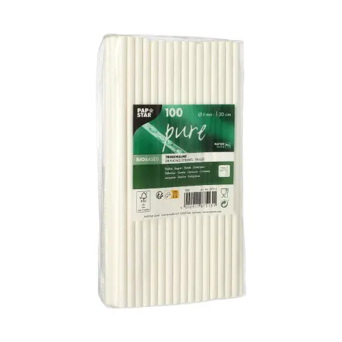 PAPSTAR Trinkhalme, Papier "pure" Ø 6 mm, 20 cm weiß, FSC-zertifizierte, nachhaltige Papiertrinkhalme für Cocktails, Limonaden und Softdrinks, 100 Stück im Bündel