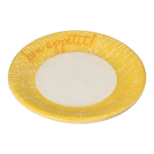 PAPSTAR Teller, Pappe rund Ø 23 cm gelb "Table Pleasures", runder FSC-zertifizierter Partyteller aus Frischfaserkarton mit Beschichtung, durchmesser 23 cm, gelb mit Schriftzug bon appétit